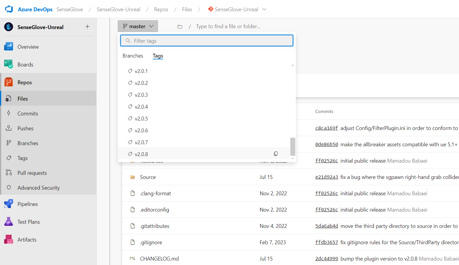 Plugin Installation through Microsoft Azure DevOps Repositories - Choosing a tag from the branch dropdown menu