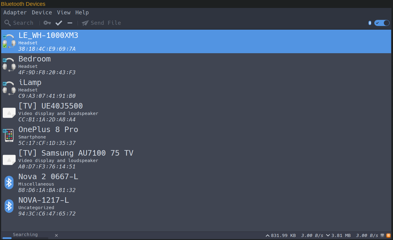 Connect to Nova gloves using Blueman Bluetooth Manager - Searching and finding a glove