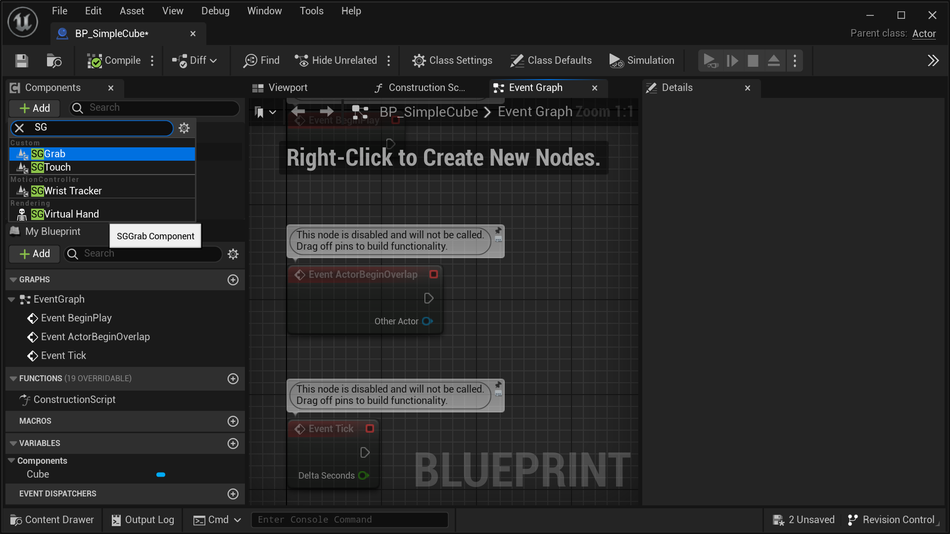 Setting up the Grab/Release System - Adding the SGGrabComponent to an actor