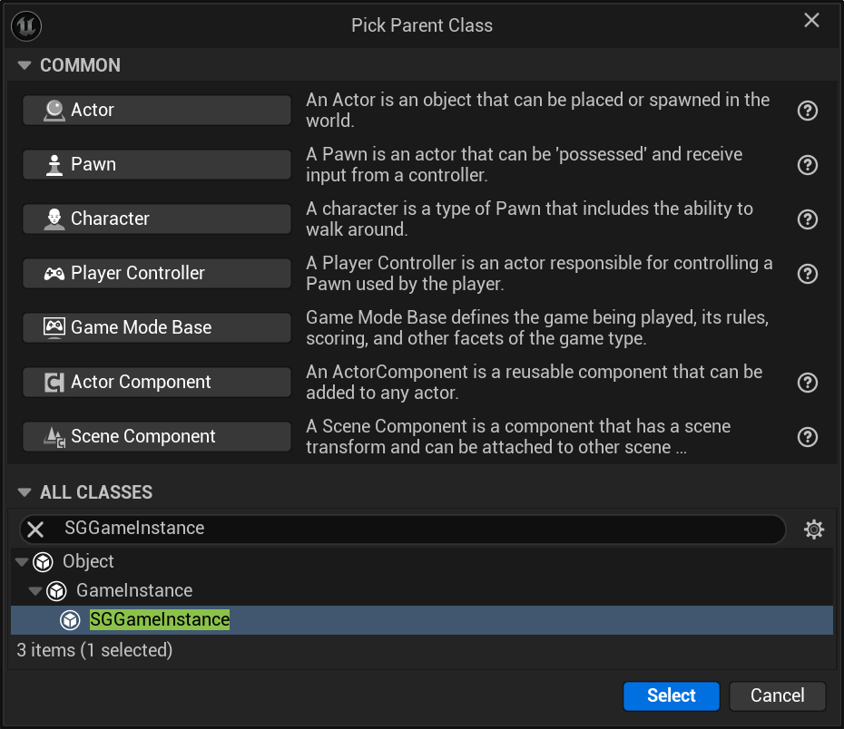 Extending SGGameInstance - Picking SGGameInstance as the Parent Class