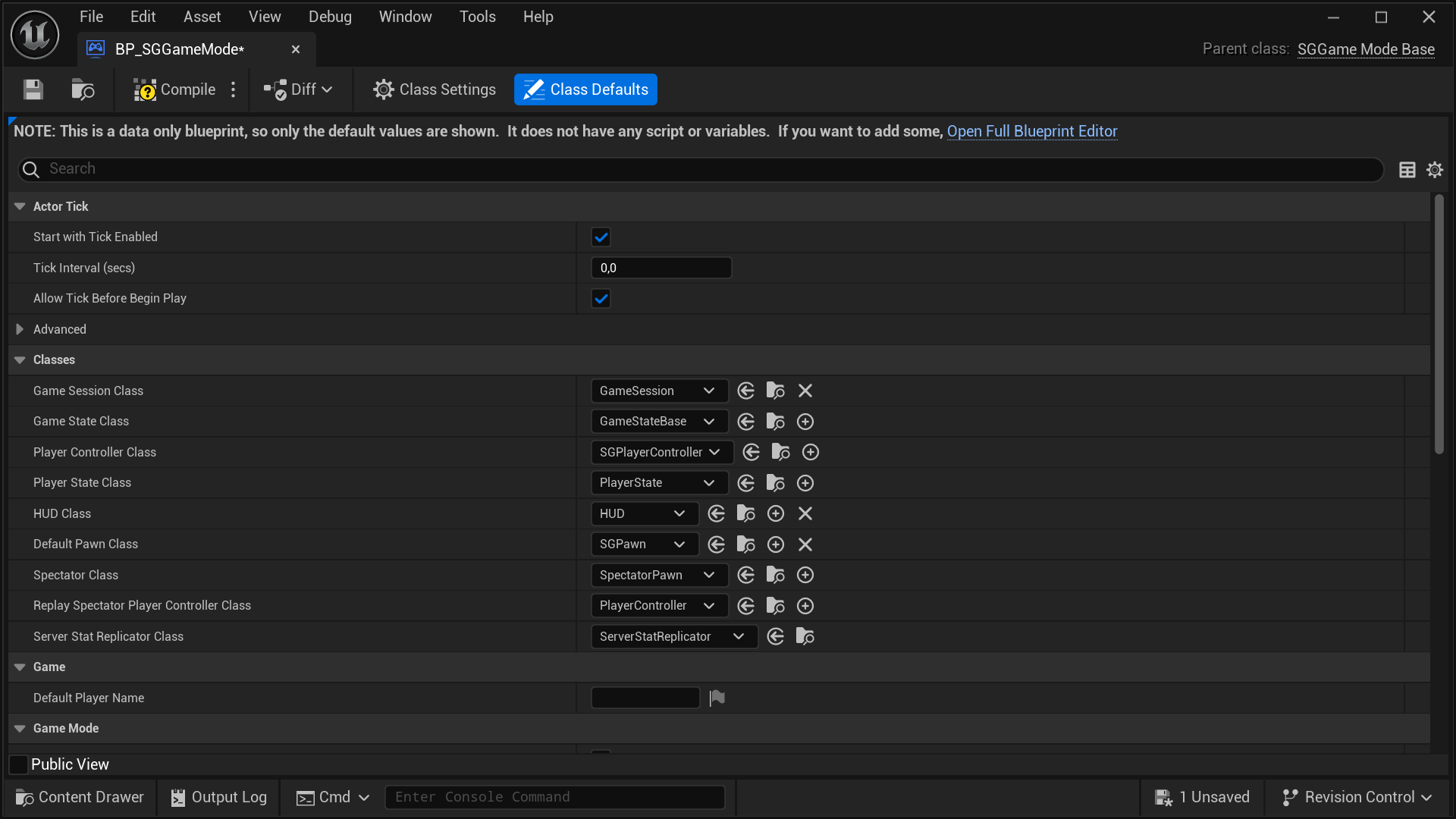 Setting Up SGPlayerController - Setting the default class SGGameModeBase