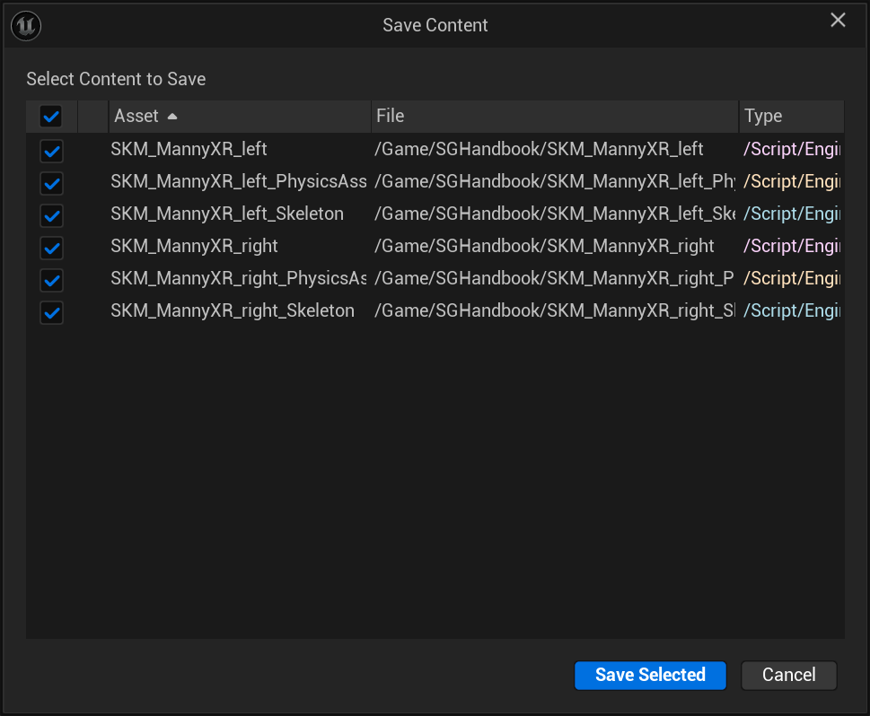 Importing the Virtual Hand Meshes into Your Own Project - Saving all virtual hand mesh assets confirmation