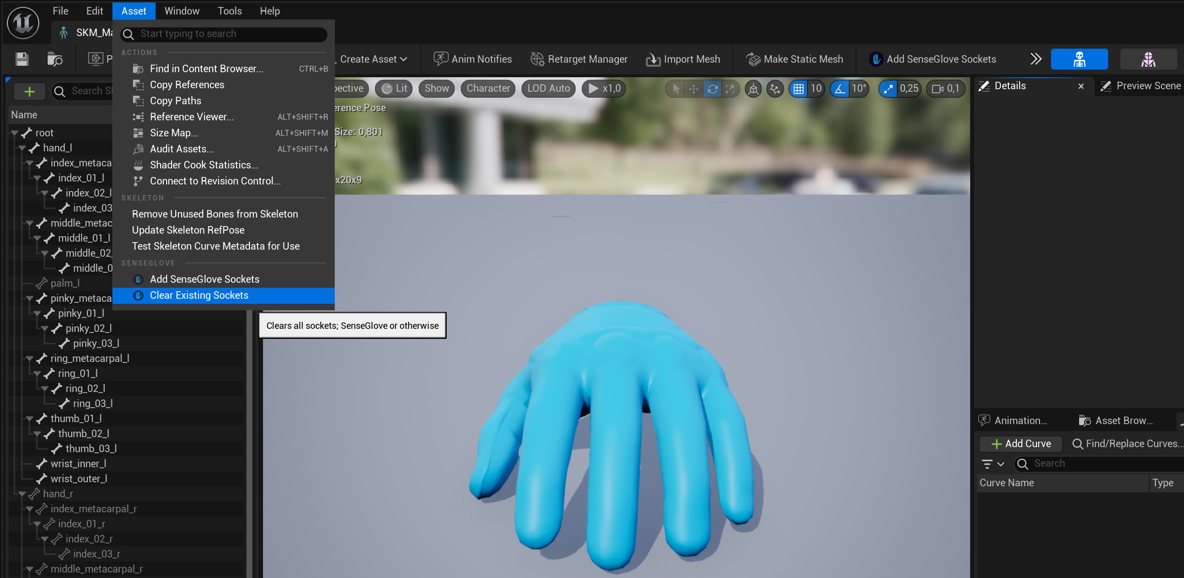 Setting up the SenseGlove Grab and Touch Sockets - Skeleton Editor or Skeletal Mesh Editor Asset menu