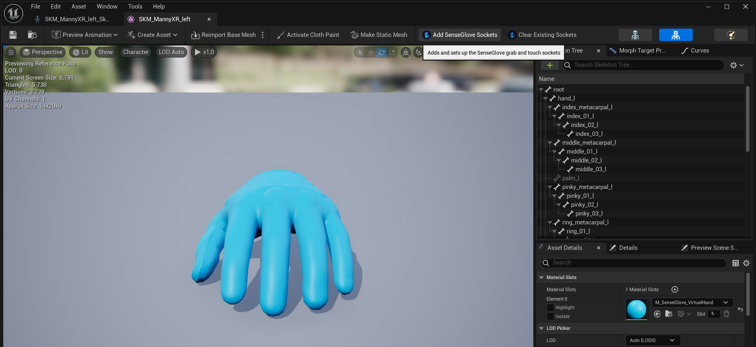 Setting up the SenseGlove Grab and Touch Sockets - Skeleton Editor or Skeletal Mesh Editor toolbar