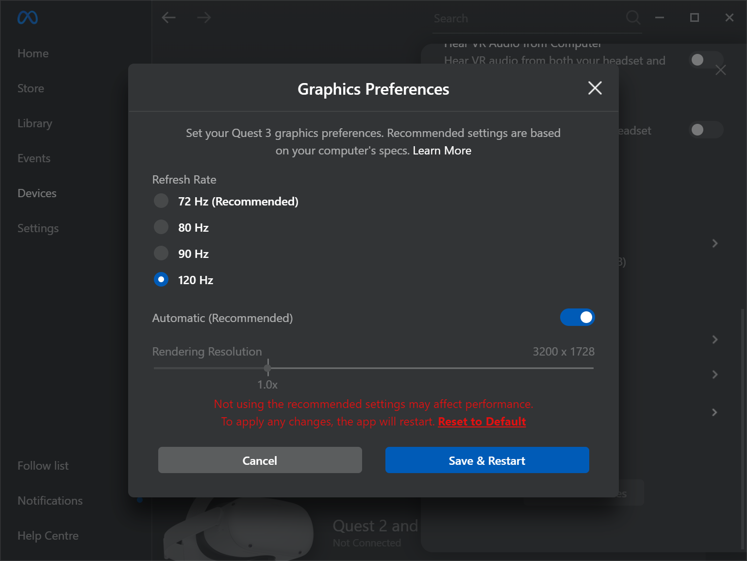 Meta Quest Link - Setting the device refresh rate