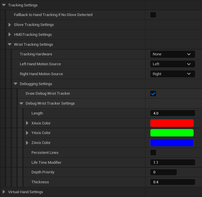 The Wrist-tracking Debugging Settings