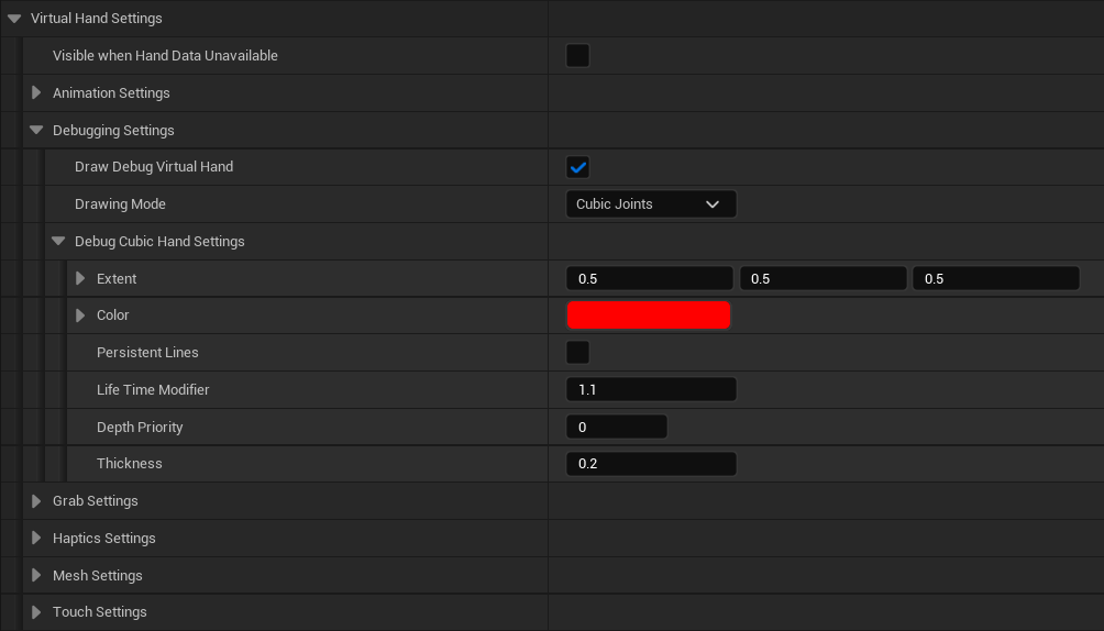 The Virtual Hand Debugging Settings - Cubic Joints Drawing Mode