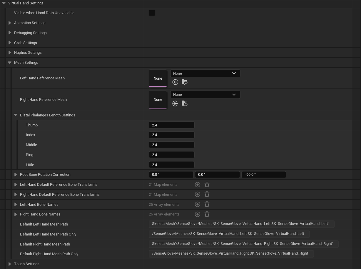 The Virtual Hand Mesh Settings