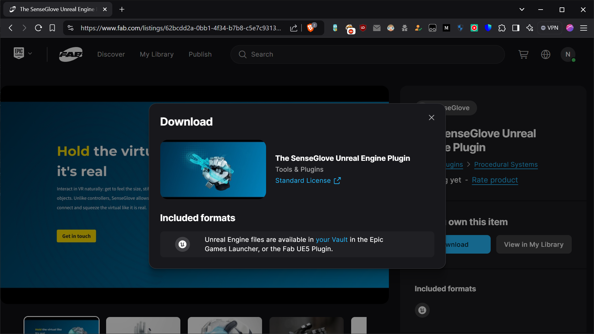 Plugin installation via the Epic Games Launcher - The SenseGlove Unreal Engine Plugin download pop-up on Fab