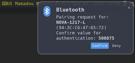 Connect to Nova gloves using Blueman Bluetooth Manager - Pairing confirmation