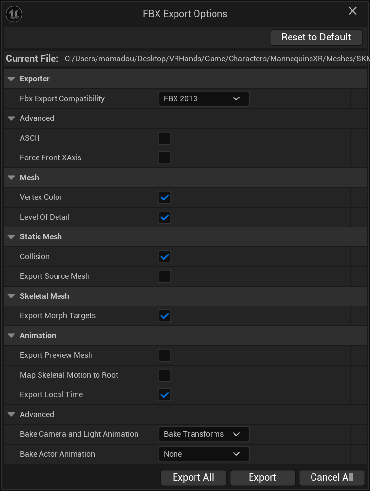 Exporting the Virtual Hand Meshes from the VRTemplate - The FBX export options