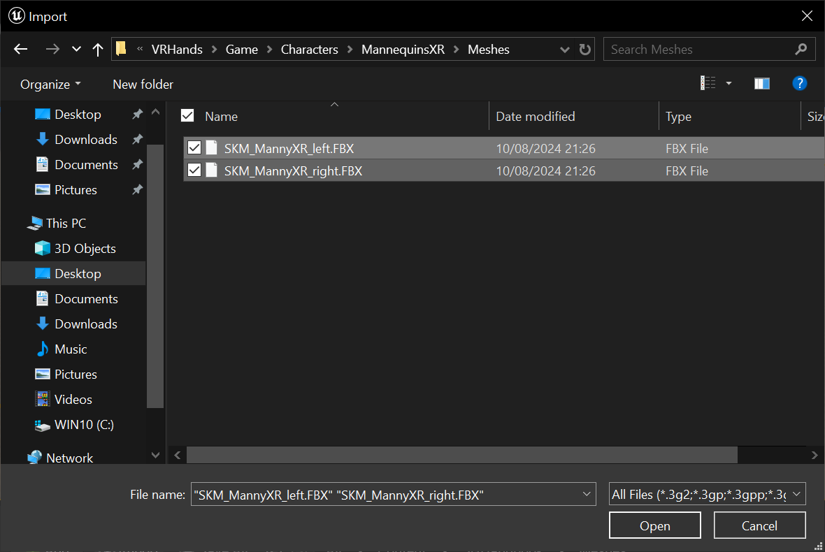 Importing the Virtual Hand Meshes into Your Own Project - Selecting virtual hand mesh FBX files