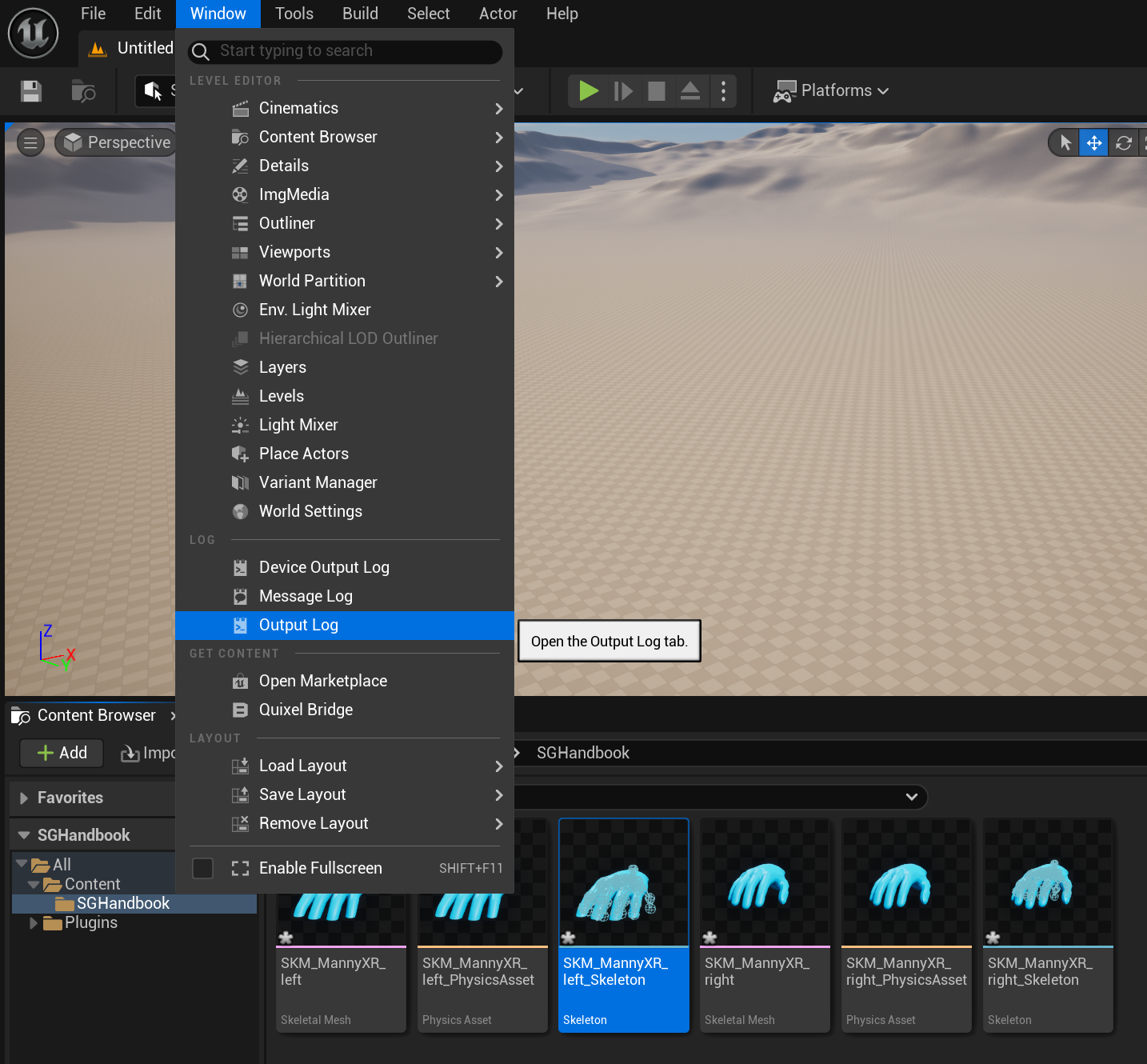 Adding the SenseGlove Sockets - Accessing the Unreal Editor output logs