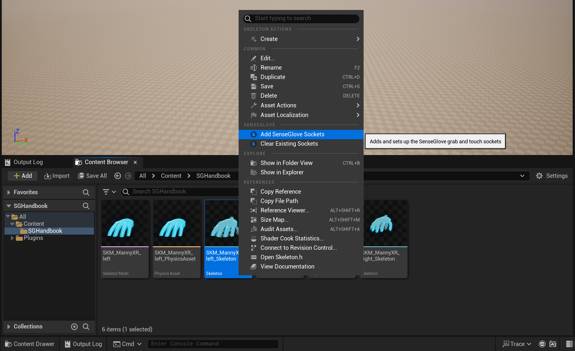 Setting up the SenseGlove Grab and Touch Sockets - Content Browser