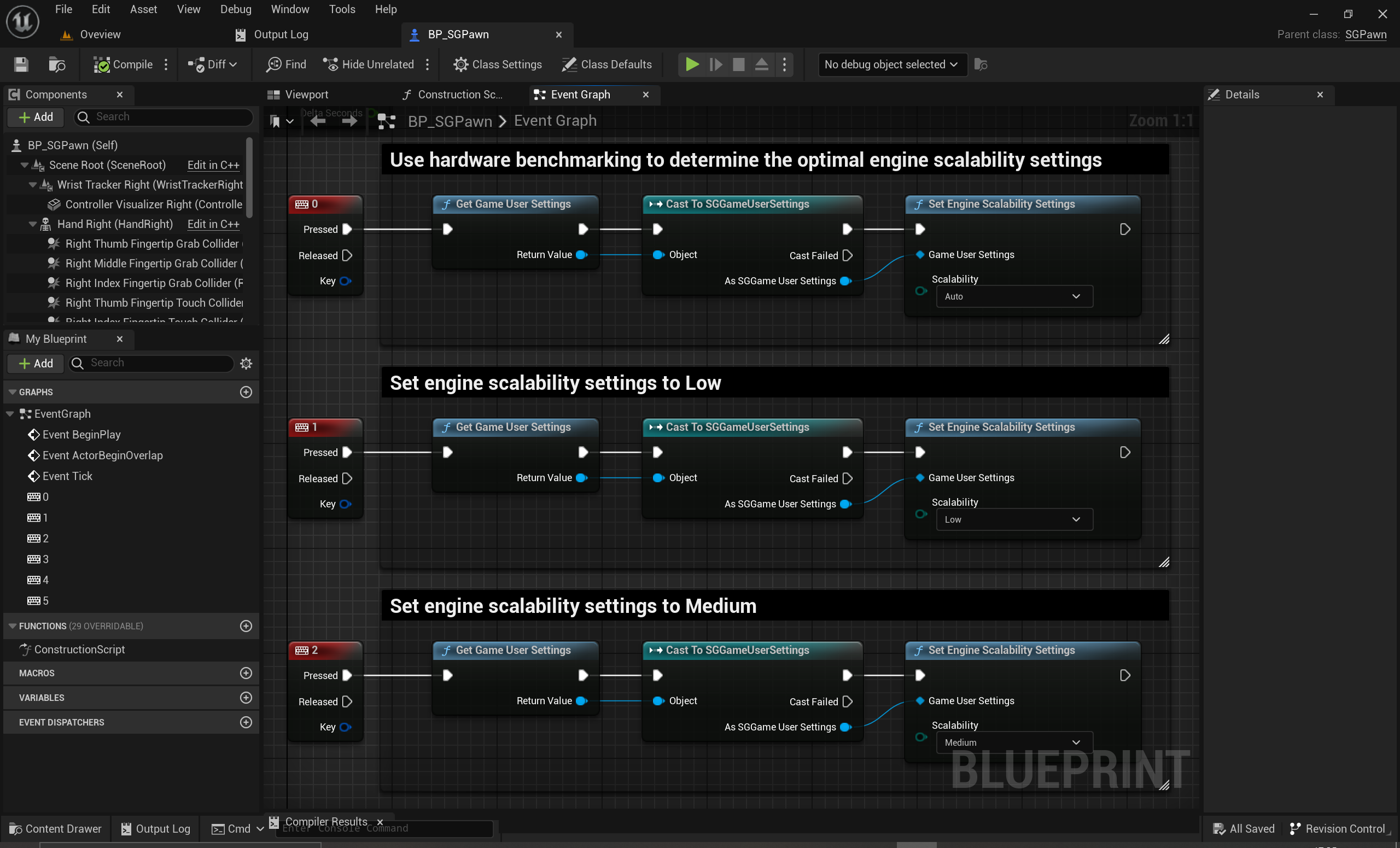 Game User Settings and Engine Scalability Settings - Binding different Engine Scalability Settings to numeric keys 0, 1, 2 inside SGPawn Blueprint