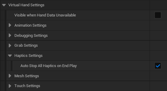 The Virtual Hand Haptics Settings