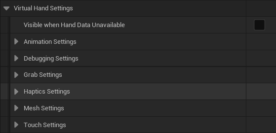 The Virtual Hand Settings