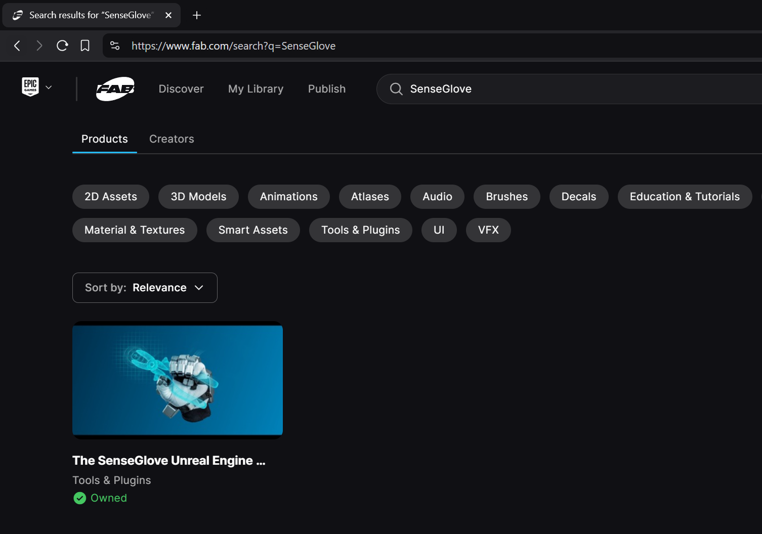 Plugin installation via the Epic Games Launcher - The Fab search results for the term SenseGlove