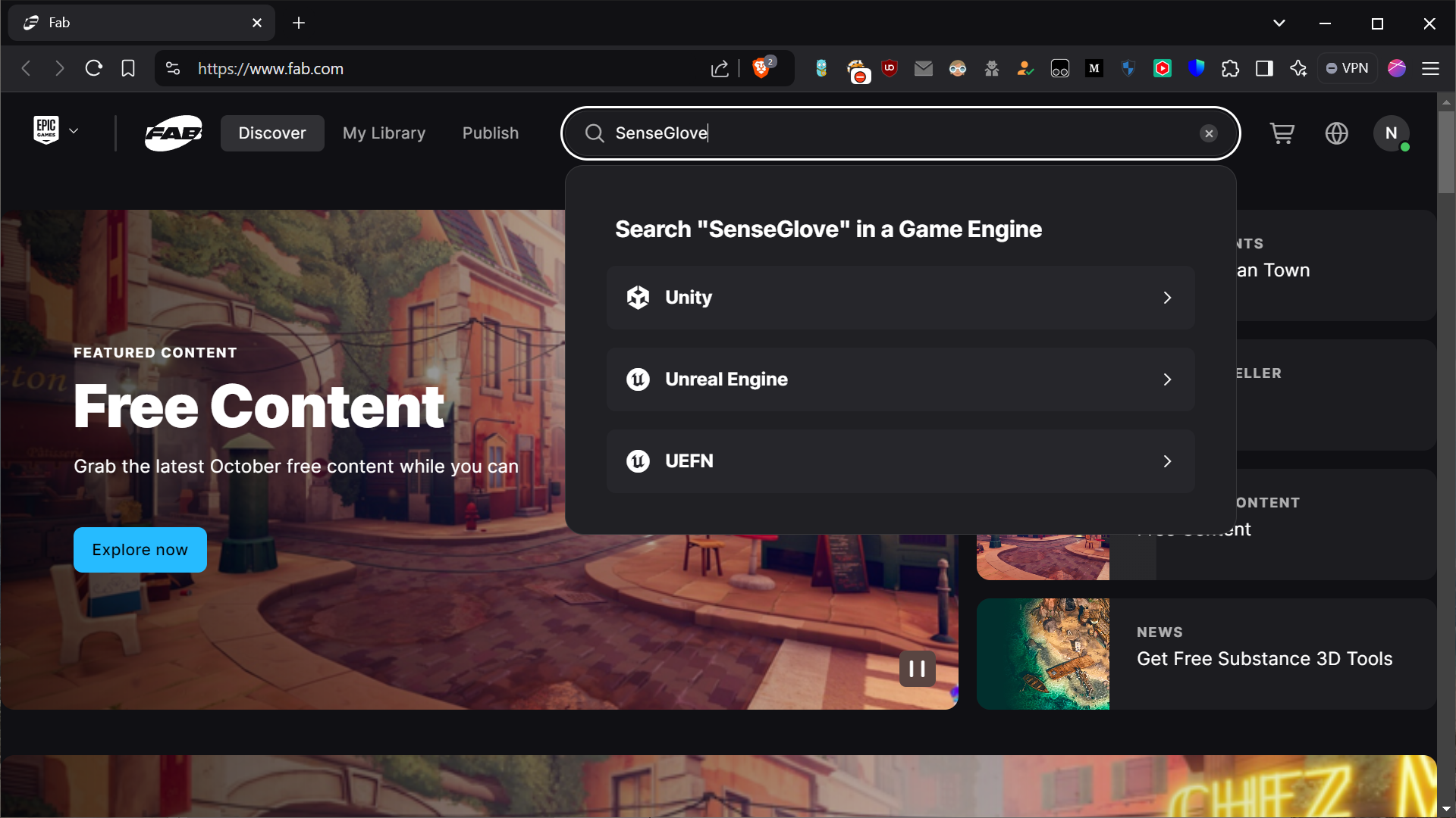 Plugin installation via the Epic Games Launcher - Searching for the term SenseGlove on the Fab home page