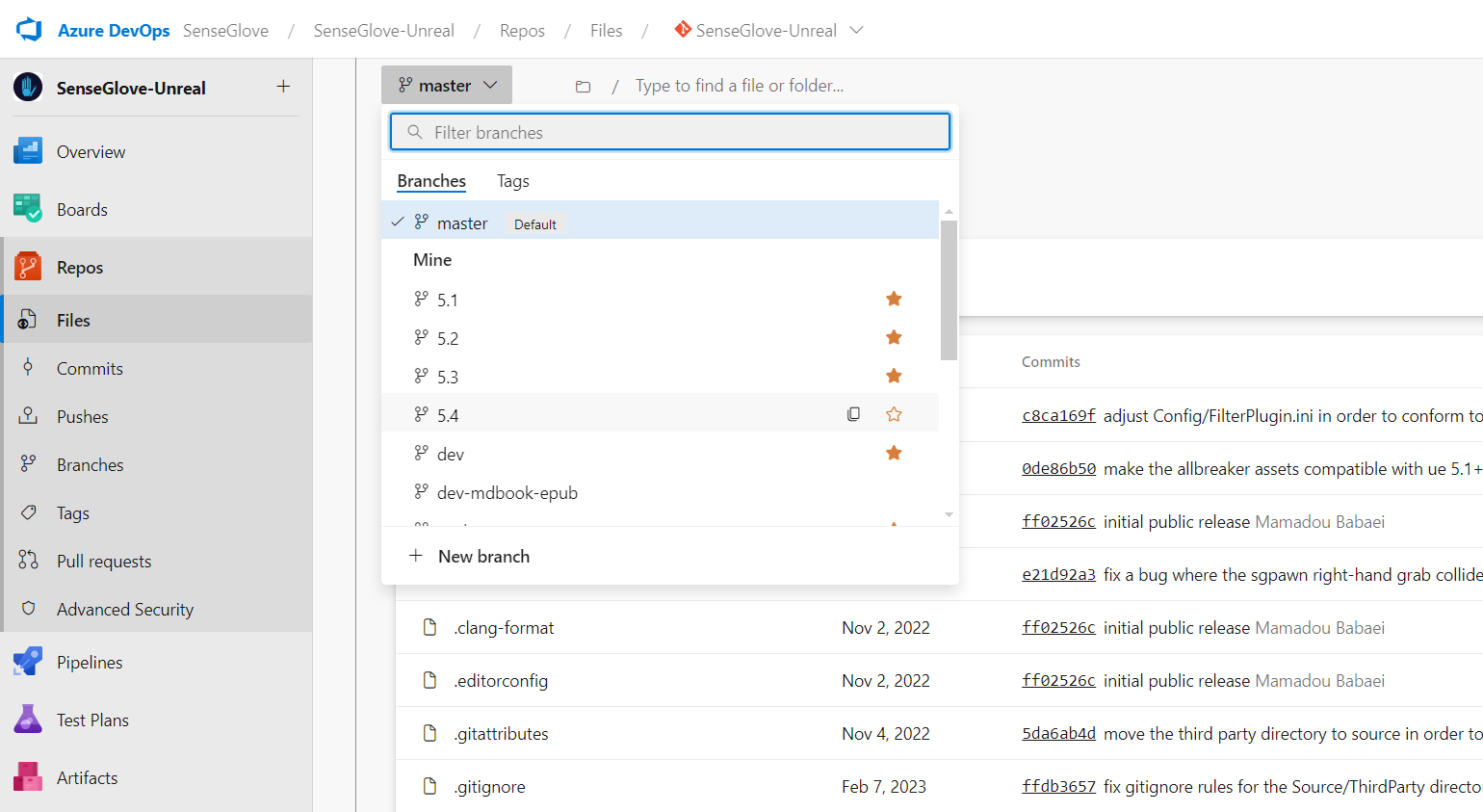 Plugin Installation via Microsoft Azure DevOps Repositories - The branch dropdown menu