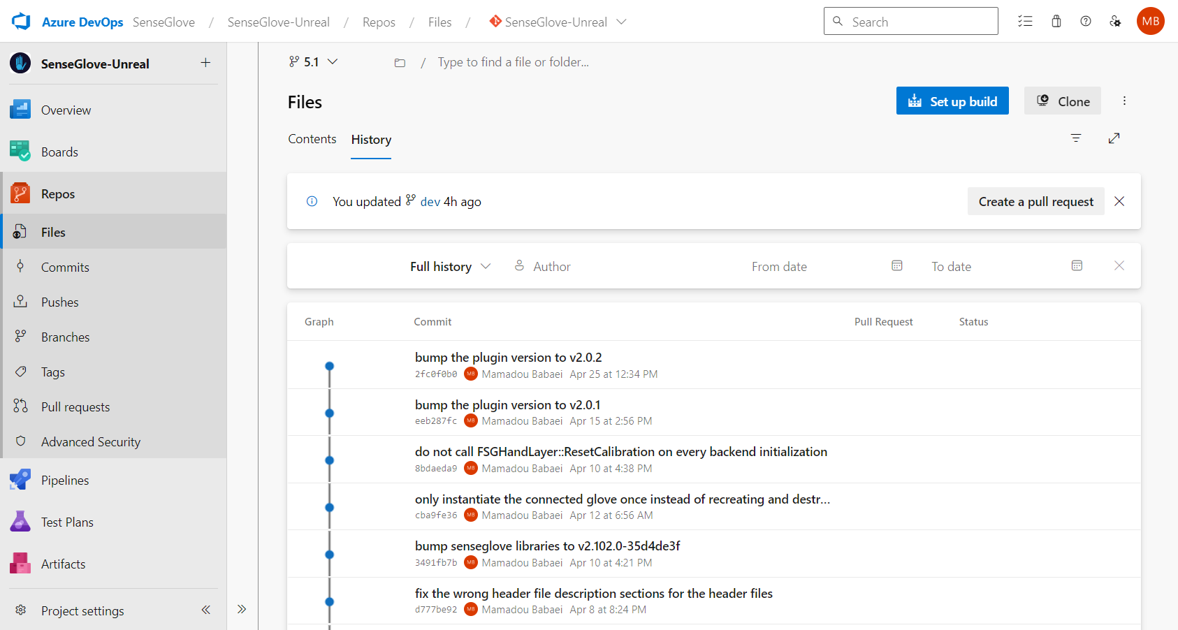 Plugin Installation via Microsoft Azure DevOps Repositories - Downloading a specific version for a specifc Unreal Engine version - History tab