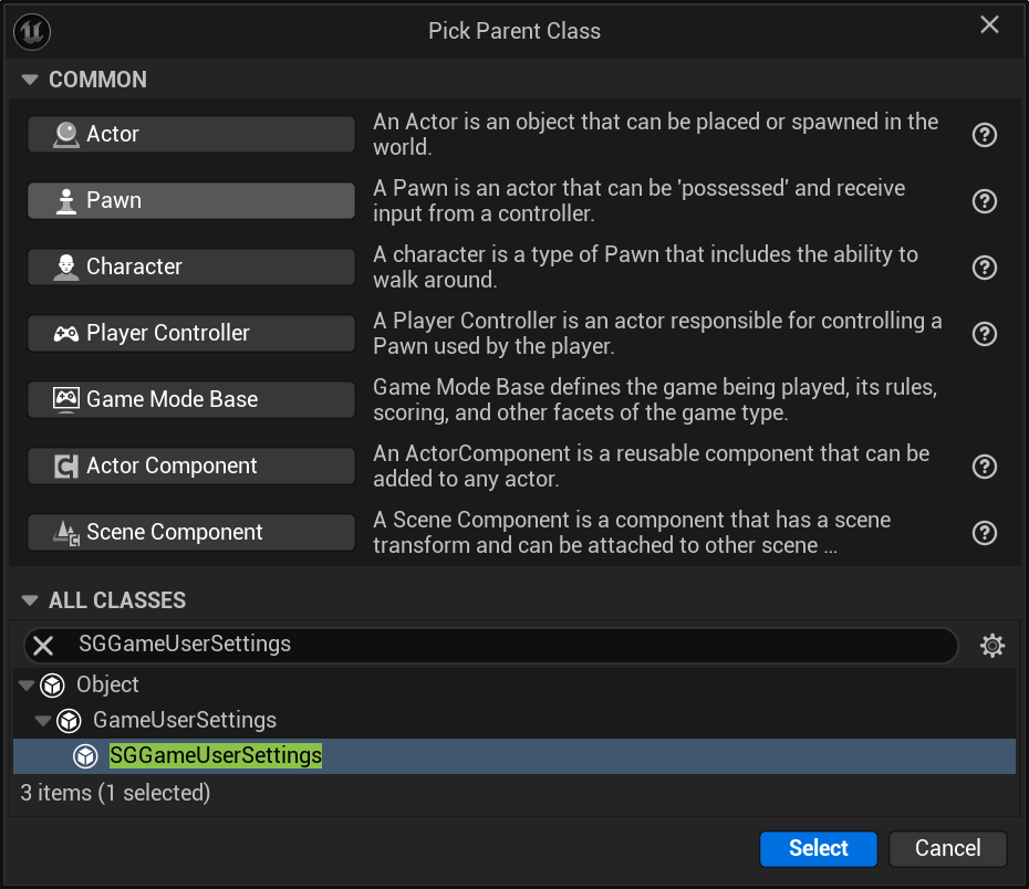 Extending SGGameUserSettings - Picking SGGameUserSettings as the Parent Class