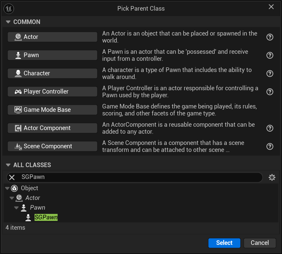 Extending SGPawn - Picking SGPawn as the Parent Class