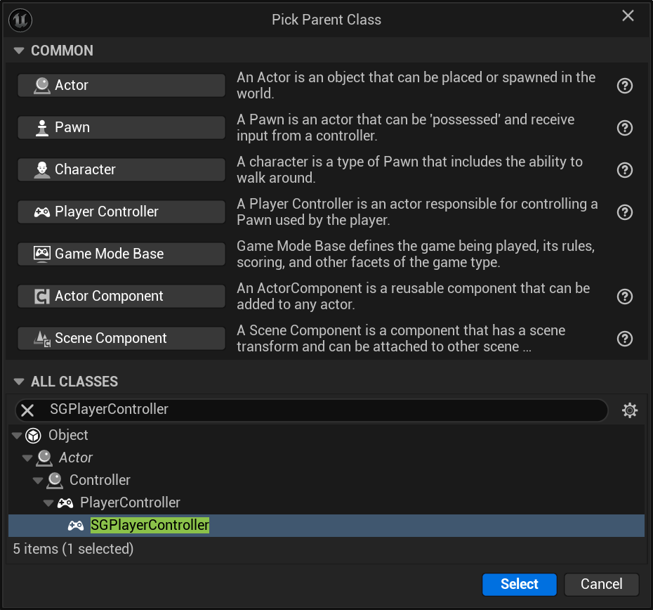 Extending SGPlayerController - Picking SGPlayerController as the Parent Class