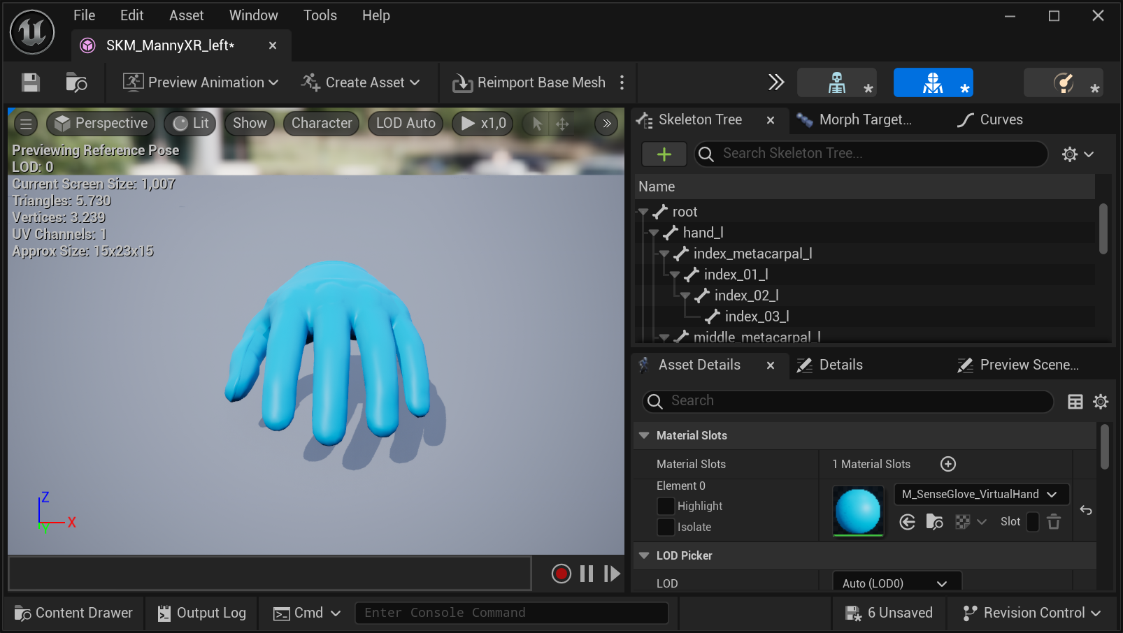 Importing the Virtual Hand Meshes into Your Own Project - Assigning the SenseGlove material to the left virtual hand mesh