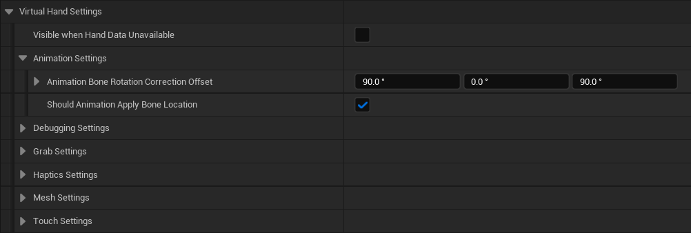 The Virtual Hand Animation Settings