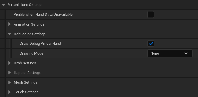 The Virtual Hand Debugging Settings