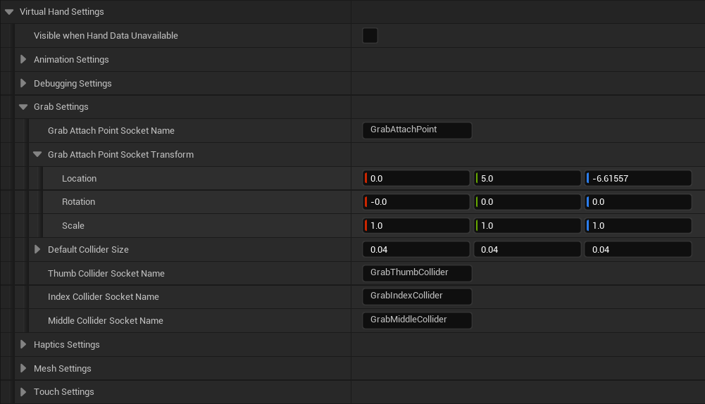 The Virtual Hand Grab Settings