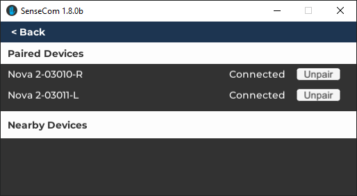 SenseCom on Microsoft Windows - Pair Devices - List and Unpair functionality