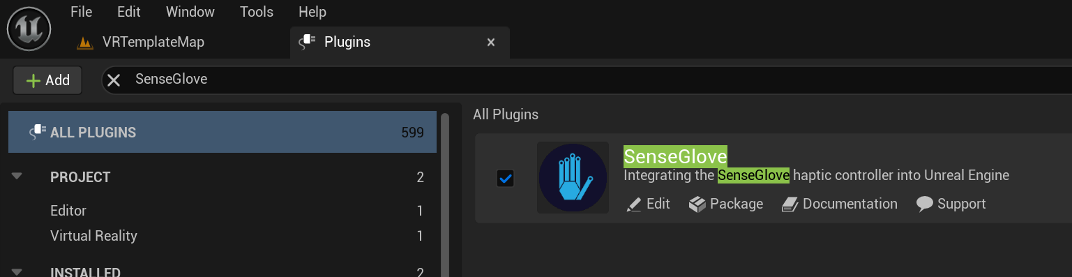 Enabling the SenseGlove Unreal Engine Plugin Enabling the SenseGlove Unreal Engine Plugin