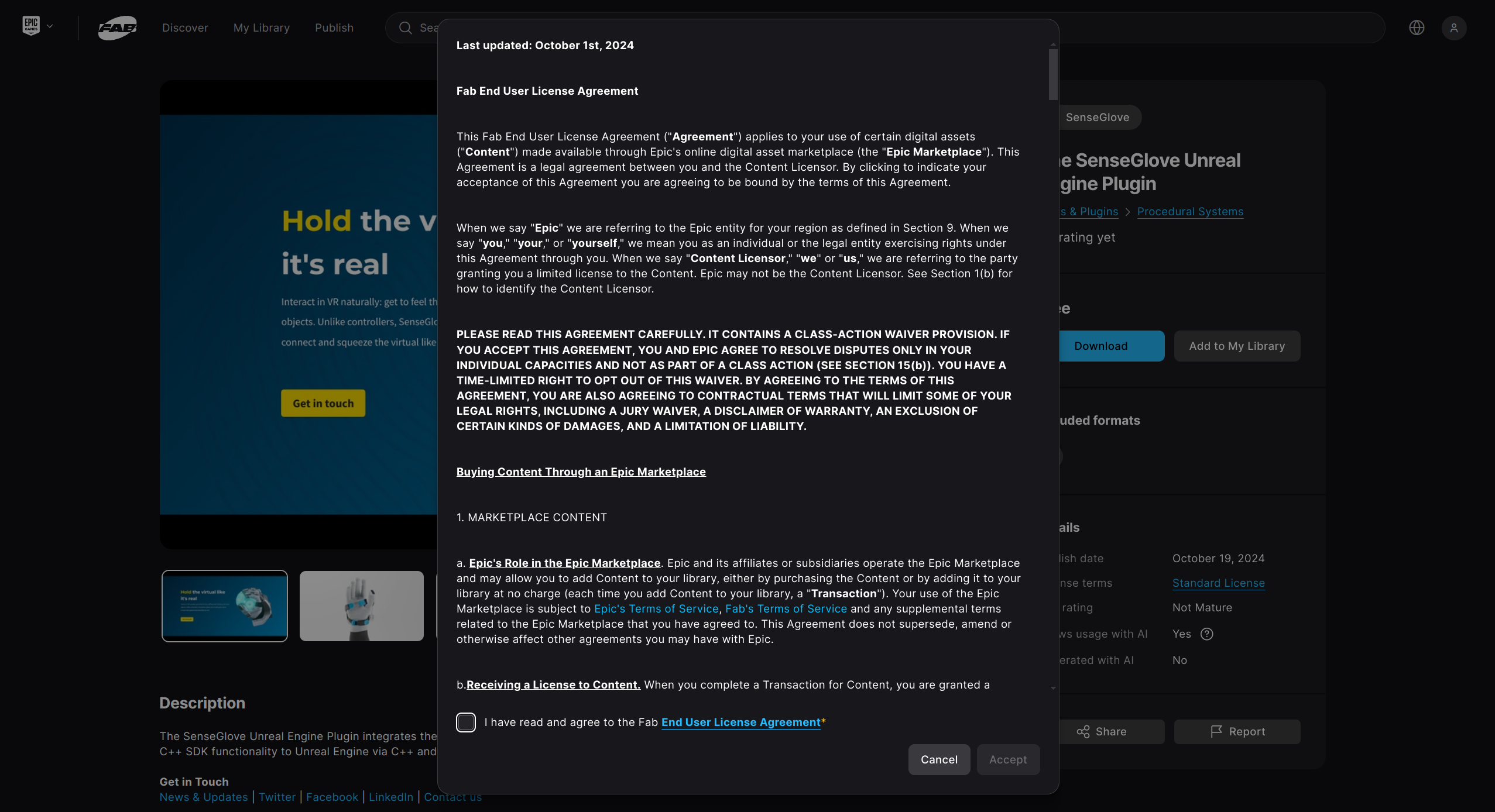 Plugin installation via the Epic Games Launcher - Fab End User License Agreement (EULA) prompt Plugin installation via the Epic Games Launcher - Fab End User License Agreement (EULA) prompt