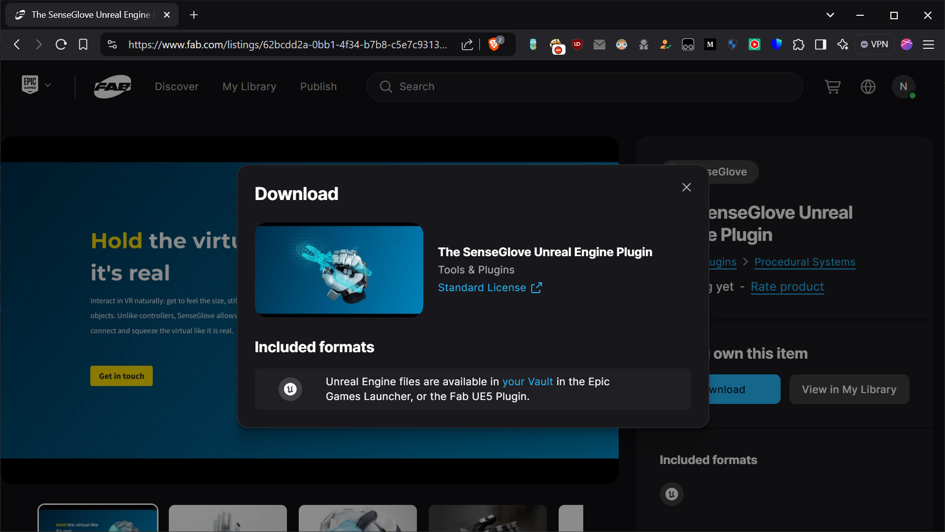 Plugin installation via the Epic Games Launcher - The SenseGlove Unreal Engine Plugin download pop-up on Fab Plugin installation via the Epic Games Launcher - The SenseGlove Unreal Engine Plugin download pop-up on Fab