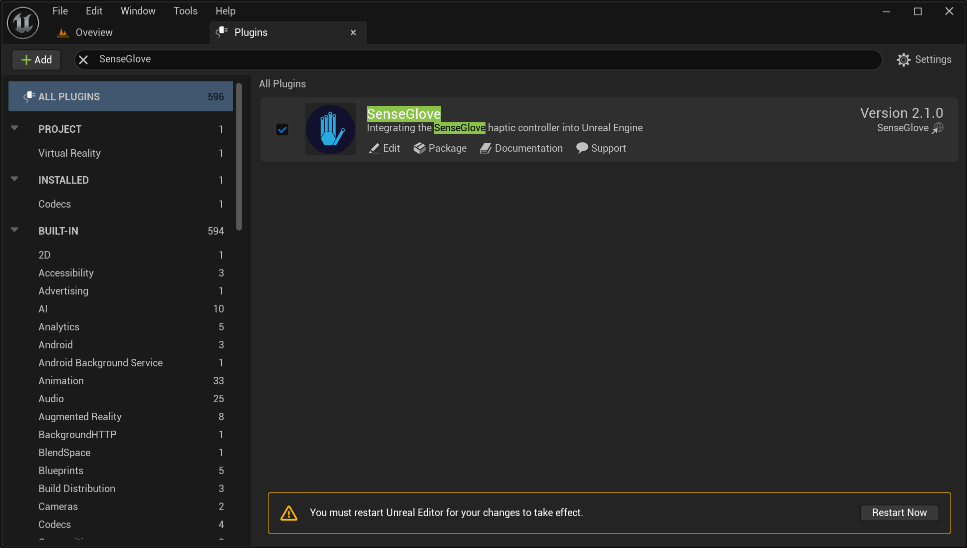 Vnabling the SenseGlove Unreal Engine Plugin - step 2 Enabling the SenseGlove Unreal Engine Plugin - step 2