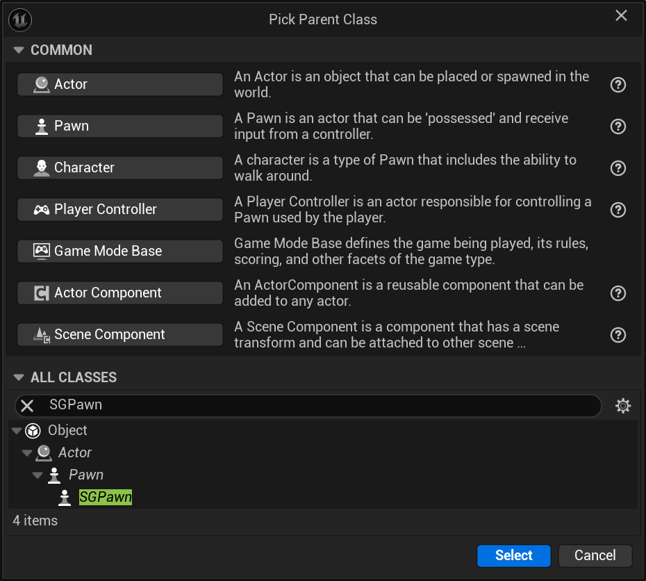 Extending SGPawn - Picking SGPawn as the Parent Class Extending SGPawn - Picking SGPawn as the Parent Class