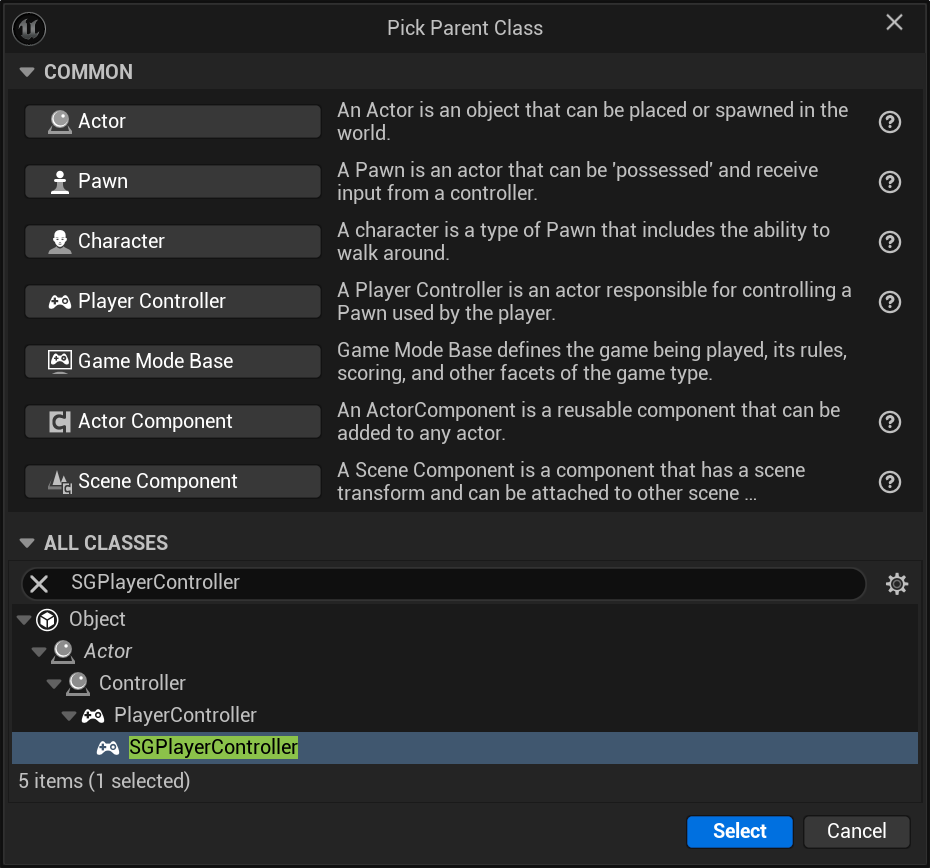 Extending SGPlayerController - Picking SGPlayerController as the Parent Class Extending SGPlayerController - Picking SGPlayerController as the Parent Class