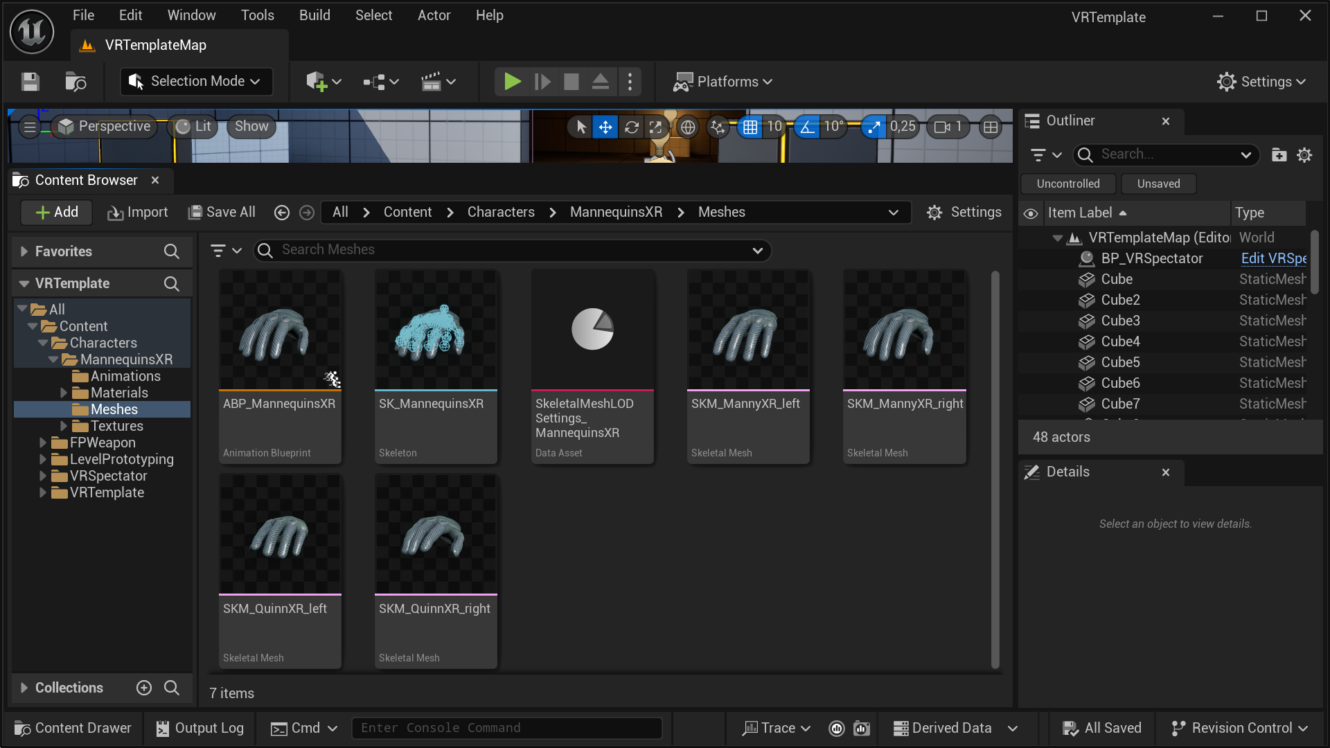 Exporting the Virtual Hand Meshes from the VRTemplate - Locating the virtual hand meshes in the Content Browser Exporting the Virtual Hand Meshes from the VRTemplate - Locating the virtual hand meshes in the Content Browser