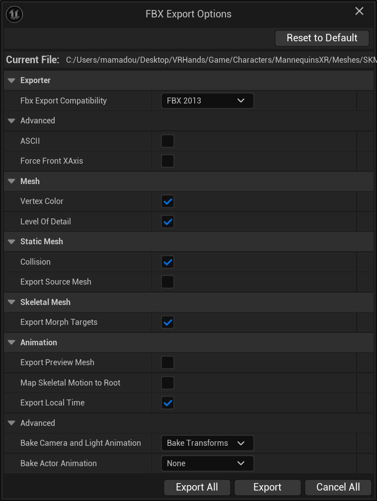 Exporting the Virtual Hand Meshes from the VRTemplate - The FBX export options Exporting the Virtual Hand Meshes from the VRTemplate - The FBX export options