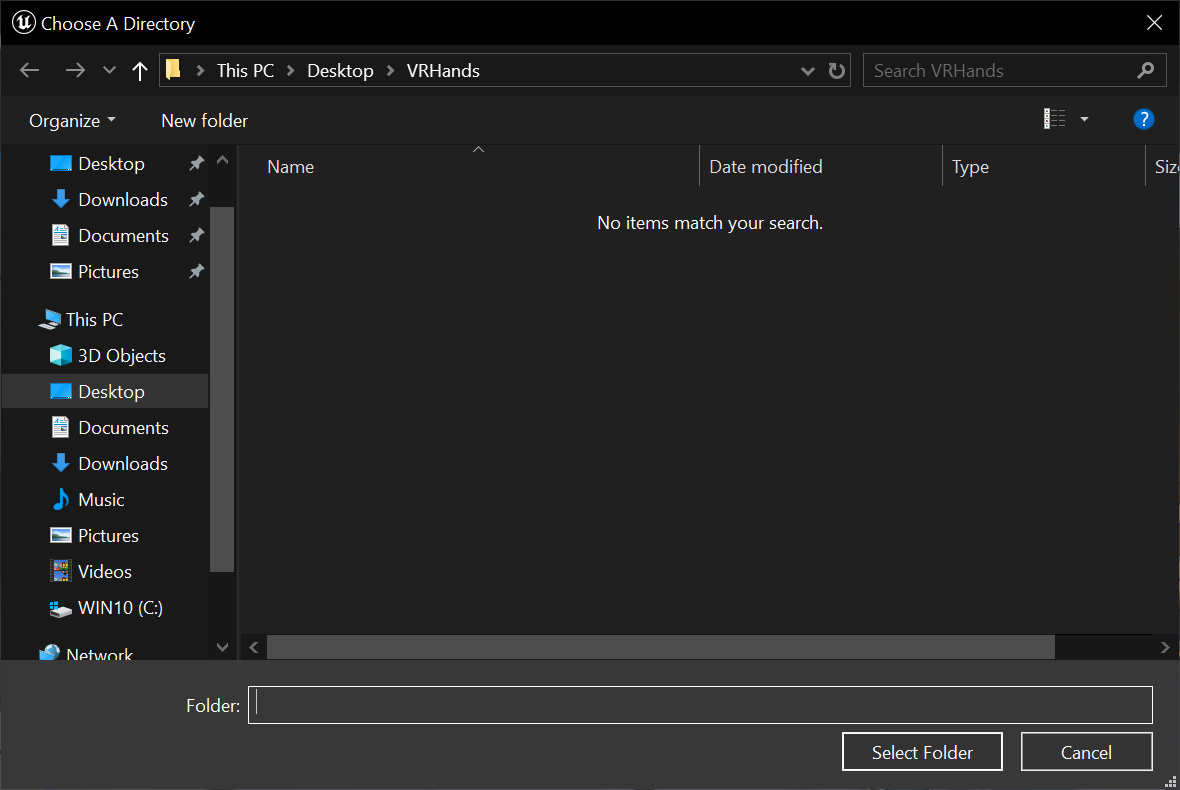 Exporting the Virtual Hand Meshes from the VRTemplate - Selecting the export folder Exporting the Virtual Hand Meshes from the VRTemplate - Selecting the export folder