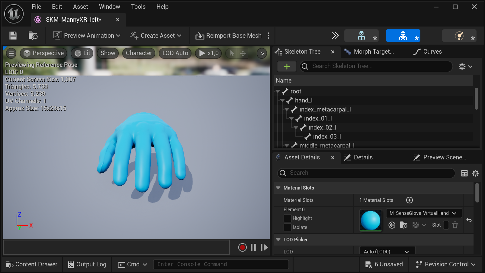 Importing the Virtual Hand Meshes into Your Own Project - Assigning the SenseGlove material to the left virtual hand mesh Importing the Virtual Hand Meshes into Your Own Project - Assigning the SenseGlove material to the left virtual hand mesh