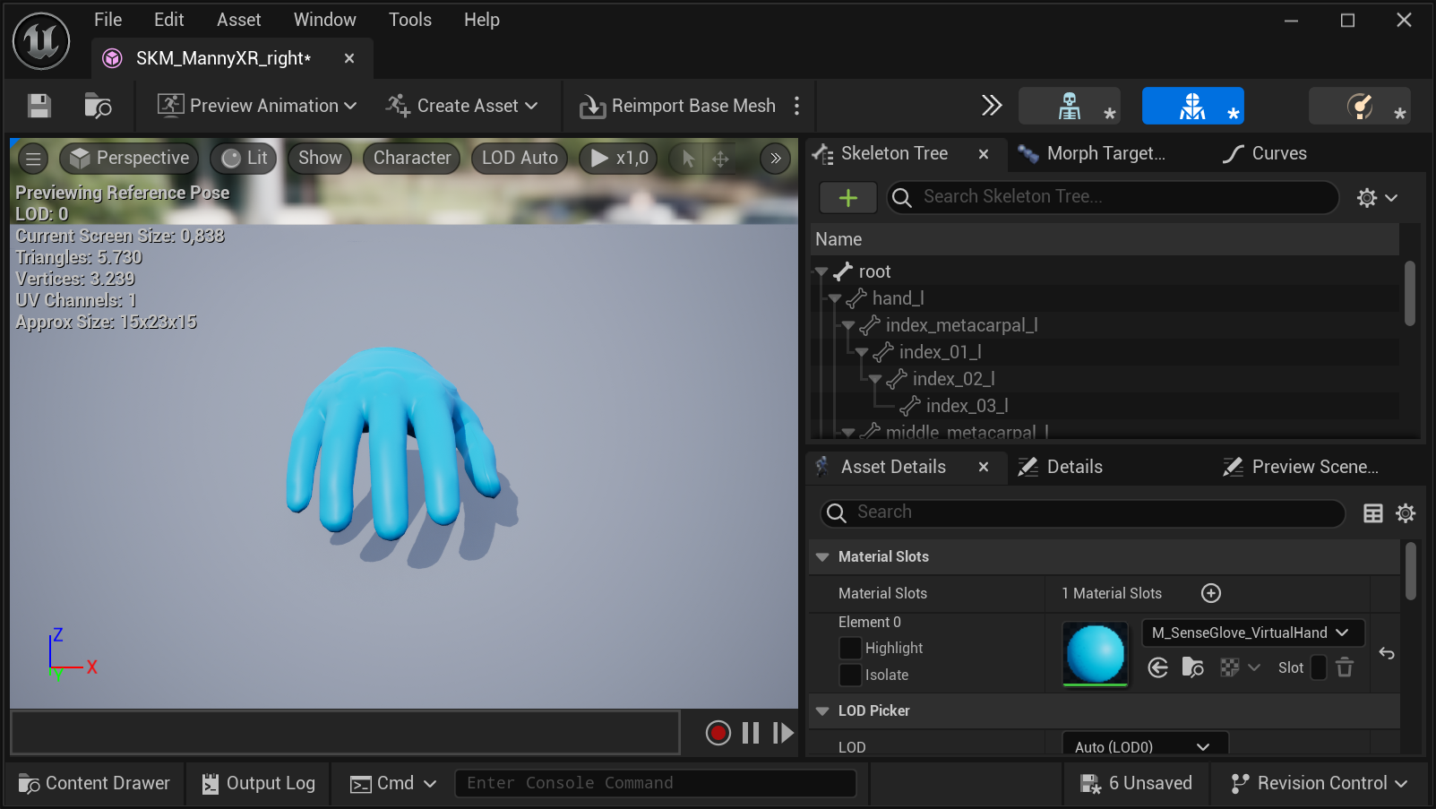 Importing the Virtual Hand Meshes into Your Own Project - Assigning the SenseGlove material to the right virtual hand mesh Importing the Virtual Hand Meshes into Your Own Project - Assigning the SenseGlove material to the right virtual hand mesh