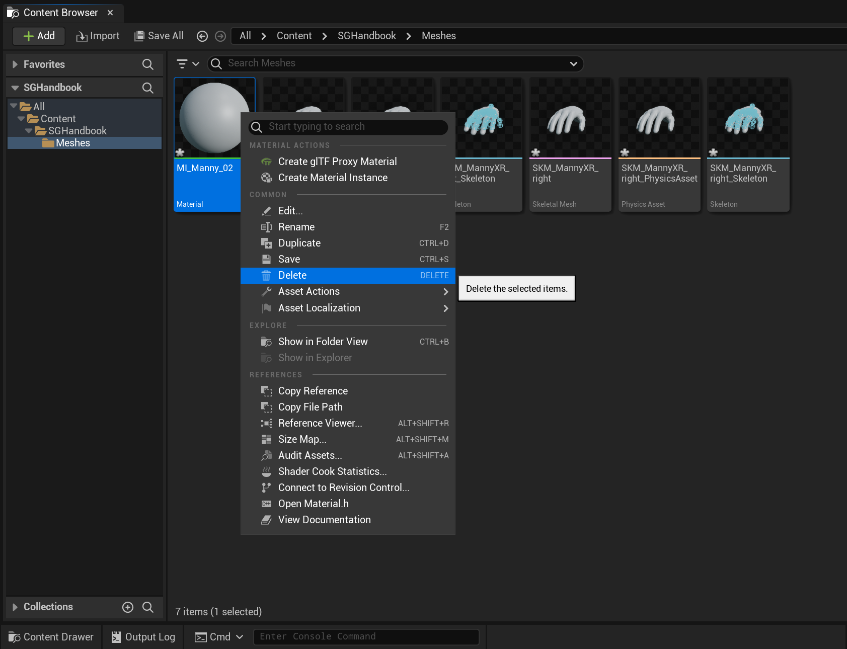 Importing the Virtual Hand Meshes into Your Own Project - Deleting the default material Importing the Virtual Hand Meshes into Your Own Project - Deleting the default material