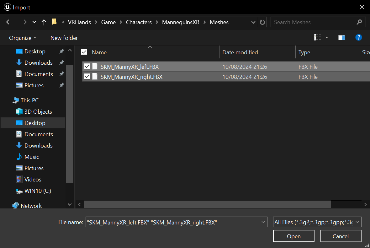 Importing the Virtual Hand Meshes into Your Own Project - Selecting virtual hand mesh FBX files Importing the Virtual Hand Meshes into Your Own Project - Selecting virtual hand mesh FBX files