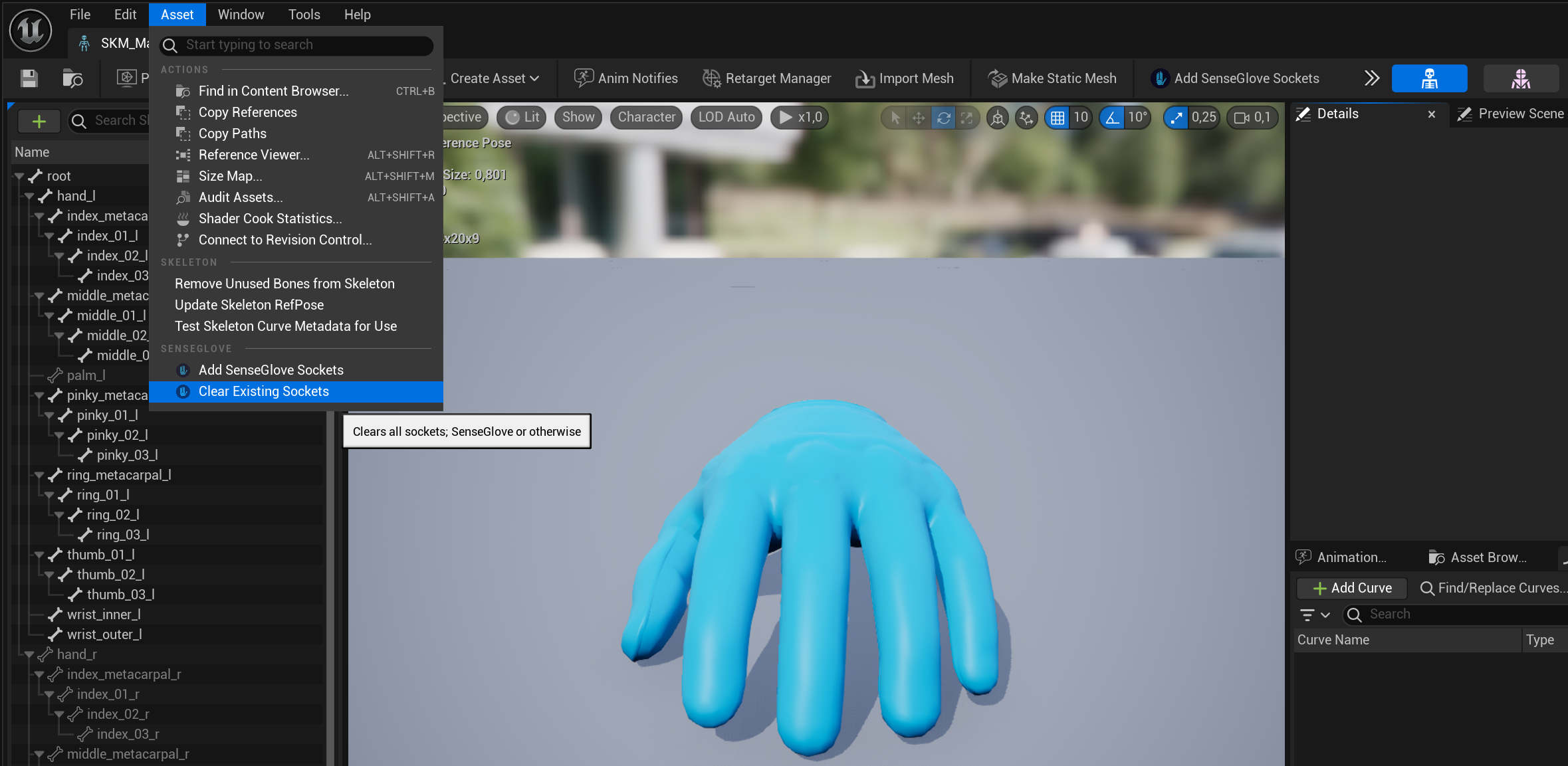 [Setting up the SenseGlove Grab and Touch Sockets - Skeleton Editor or Skeletal Mesh Editor Asset menu Setting up the SenseGlove Grab and Touch Sockets - Skeleton Editor or Skeletal Mesh Editor Asset menu