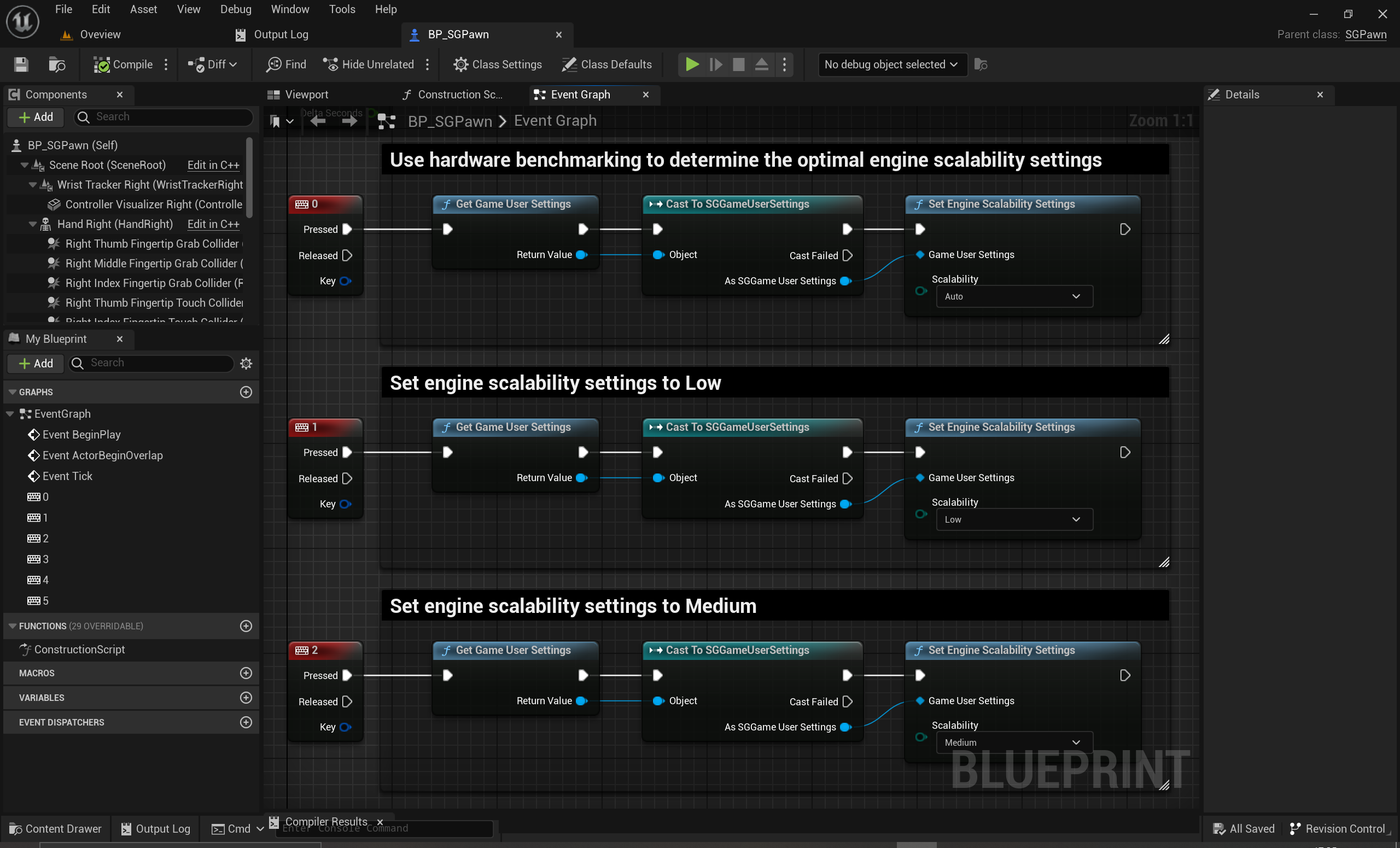 Game User Settings and Engine Scalability Settings - Binding different Engine Scalability Settings to numeric keys 0, 1, 2 inside SGPawn Blueprint Game User Settings and Engine Scalability Settings - Binding different Engine Scalability Settings to numeric keys 0, 1, 2 inside SGPawn Blueprint