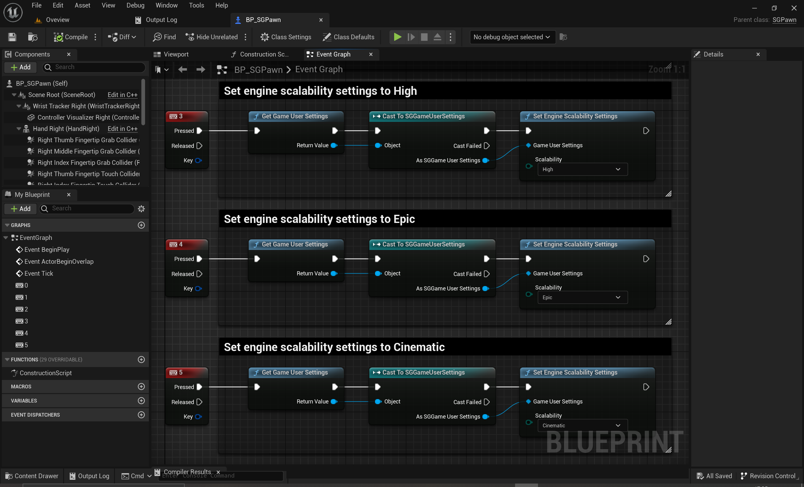 Game User Settings and Engine Scalability Settings - Binding different Engine Scalability Settings to numeric keys 3, 4, 5 inside SGPawn Blueprint Game User Settings and Engine Scalability Settings - Binding different Engine Scalability Settings to numeric keys 3, 4, 5 inside SGPawn Blueprint