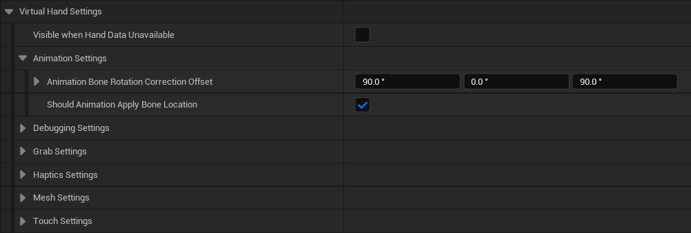 The Virtual Hand Animation Settings The Virtual Hand Animation Settings